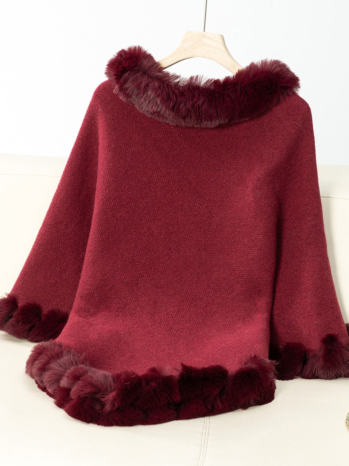 Fuzzy Trim Texture Three-Quarter Sleeve Poncho Trendsi