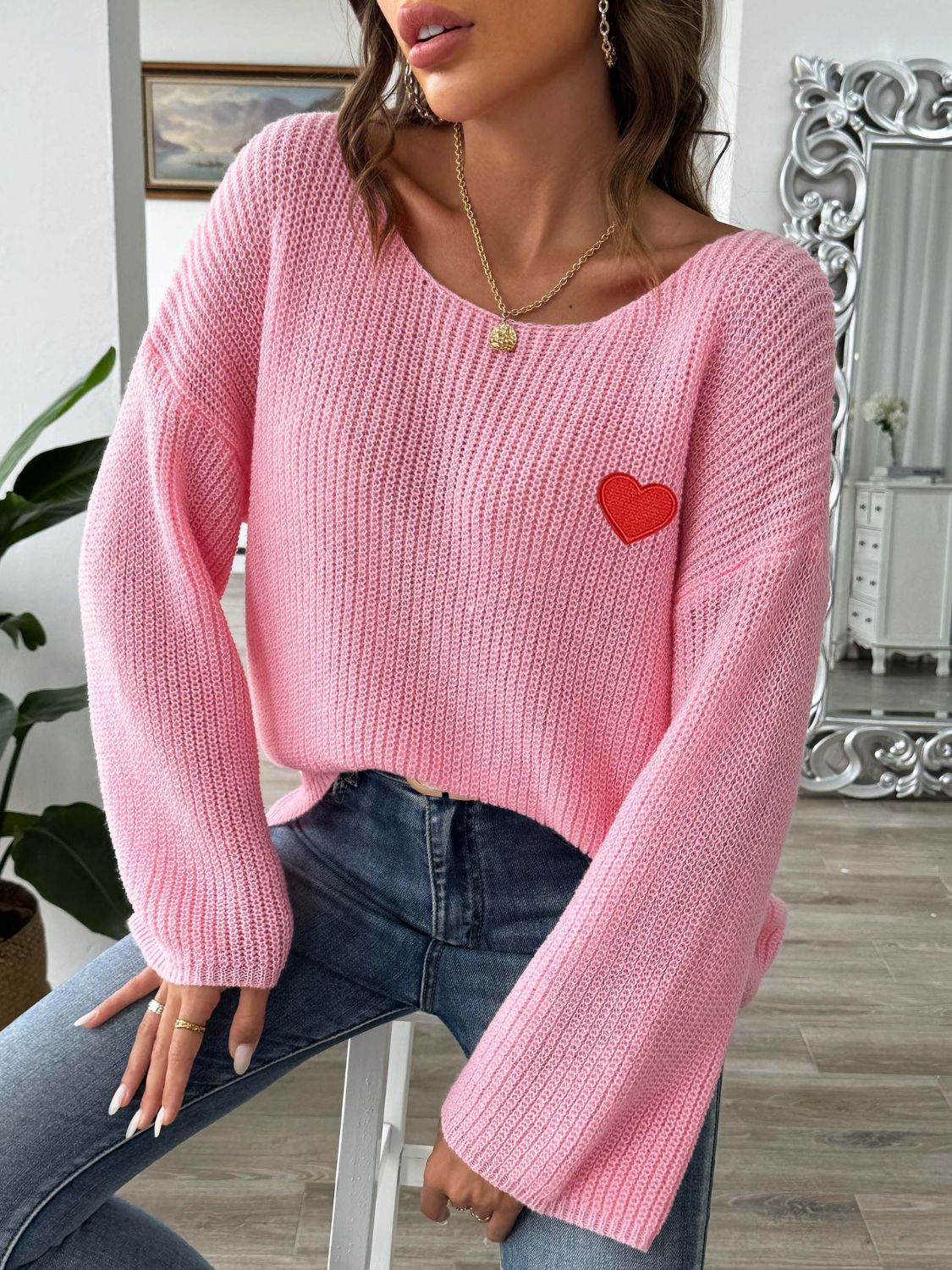 Heart Boat Neck Dropped Shoulder Sweater Trendsi