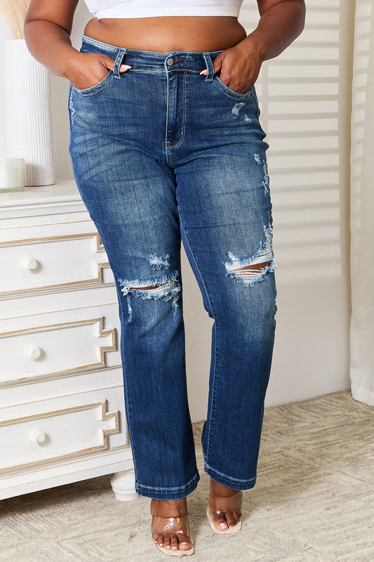 Judy Blue Full Size Mid Rise Hand Sand & Destroy Bootcut Jeans Trendsi