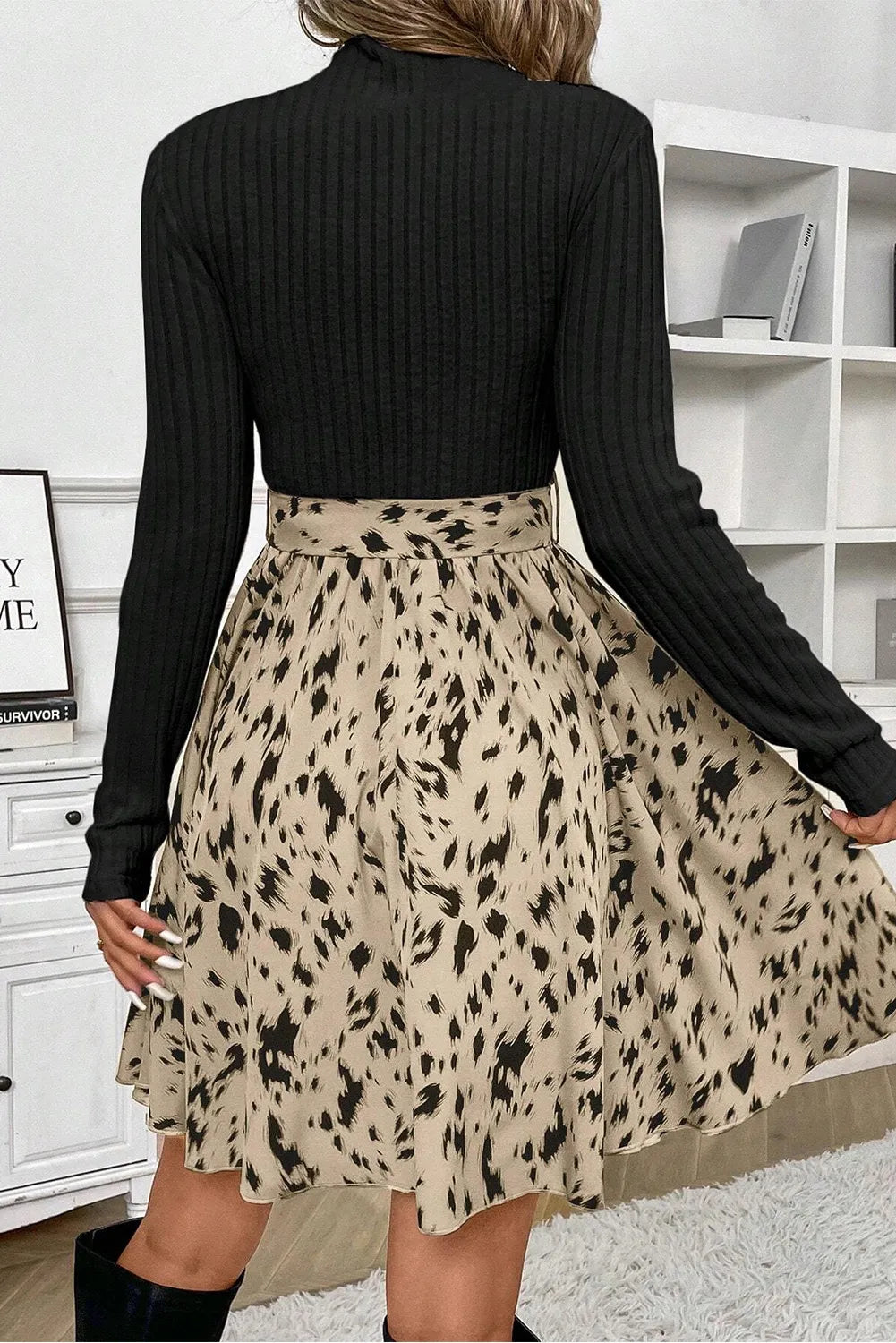 Tied Printed Mock Neck Long Sleeve Dress Trendsi