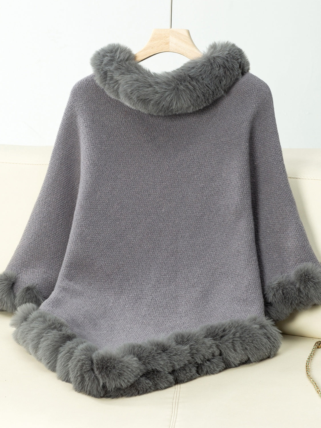 Fuzzy Trim Texture Three-Quarter Sleeve Poncho Trendsi