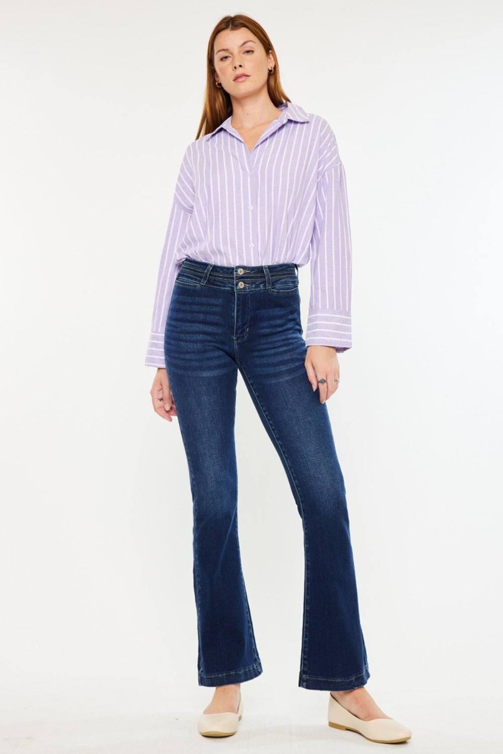 Kancan High Rise Double Waistband Flare Jeans Trendsi