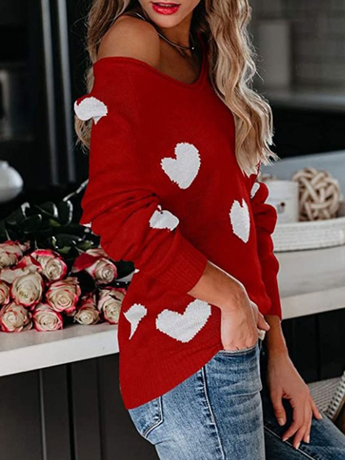 Heart Scoop Neck Long Sleeve Sweater Trendsi