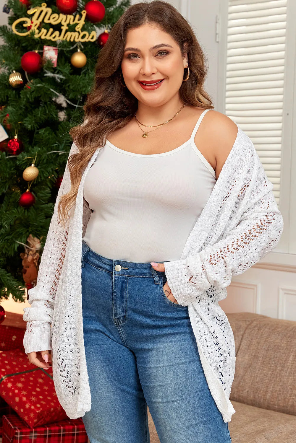 Plus Size Openwork Open Front Long Sleeve Cardigan Trendsi