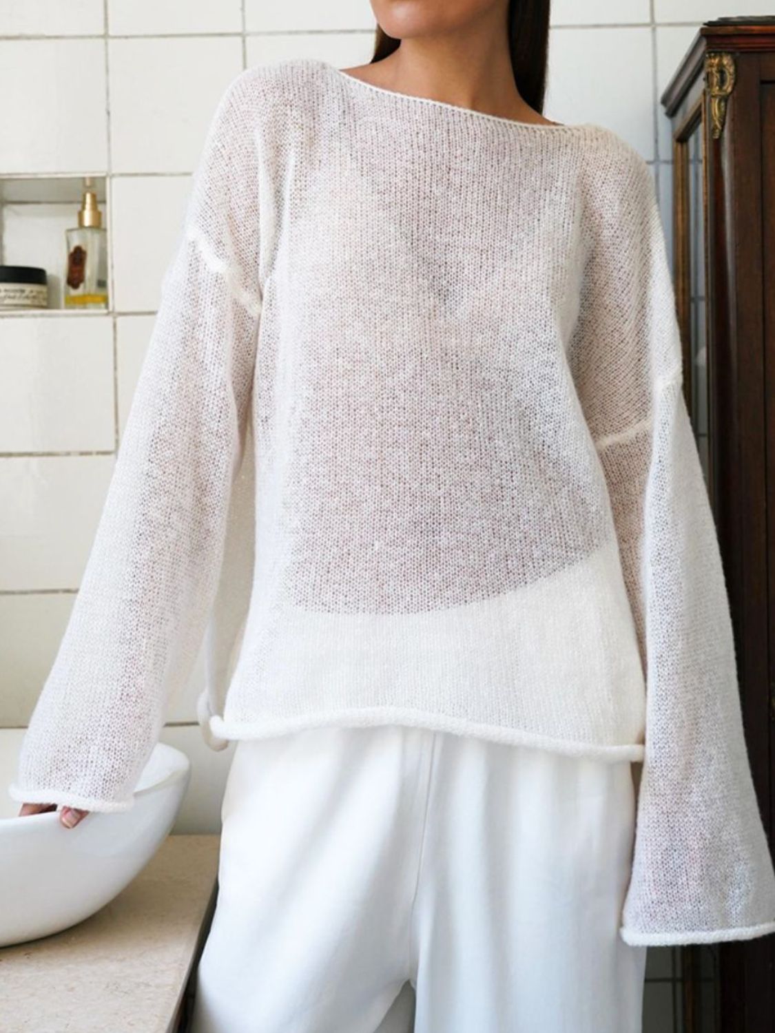 Boat Neck Long Sleeve Knit Cover Up Trendsi