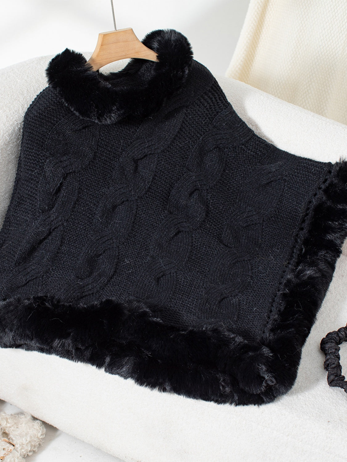 Fuzzy Hem Cable-Knit Poncho Trendsi
