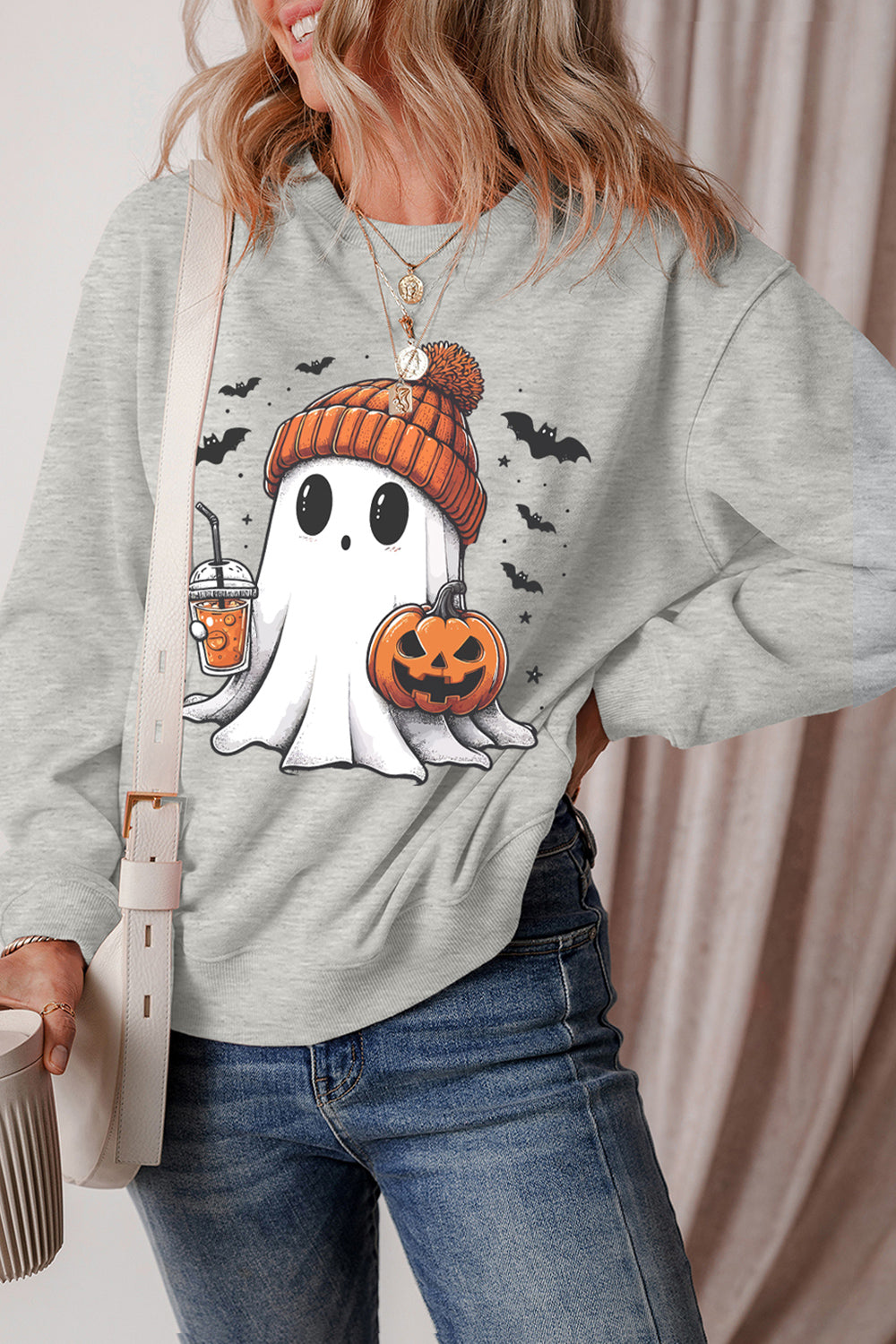 Ghost Round Neck Long Sleeve Sweatshirt Trendsi