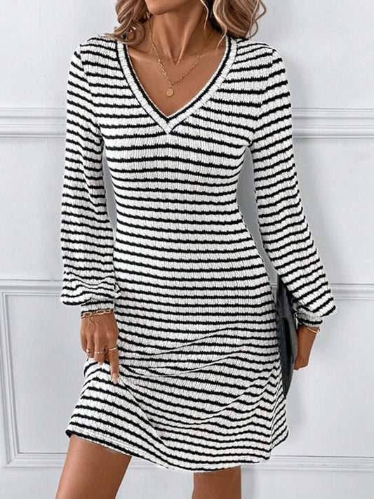 Striped V-Neck Long Sleeve Dress Trendsi