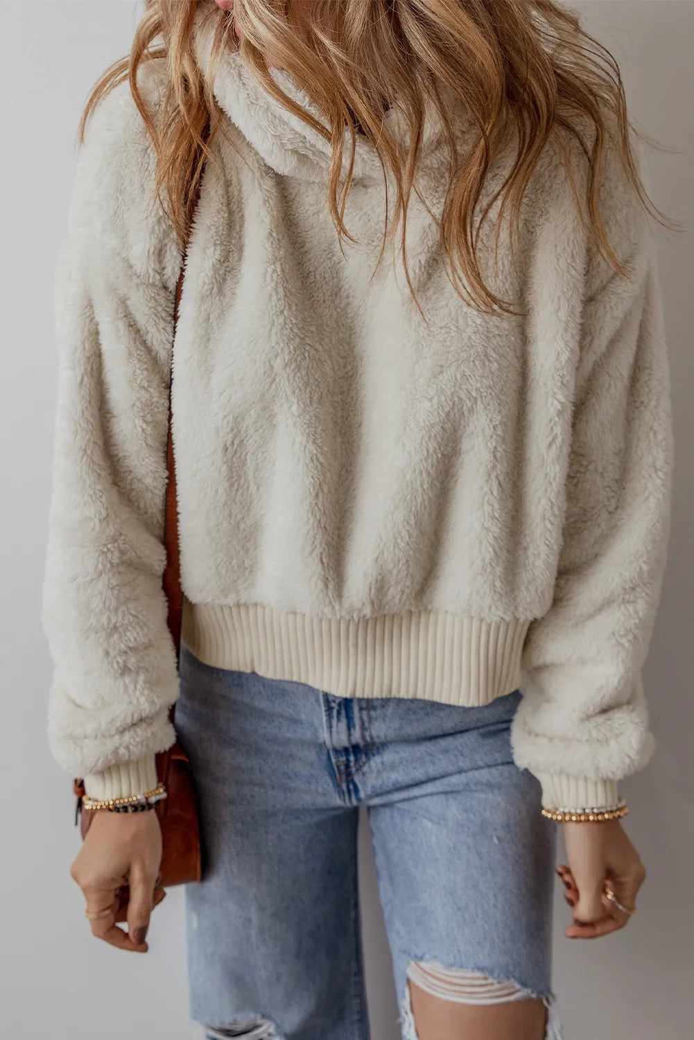 Fuzzy Dropped Shoulder Long Sleeve Hoodie Trendsi