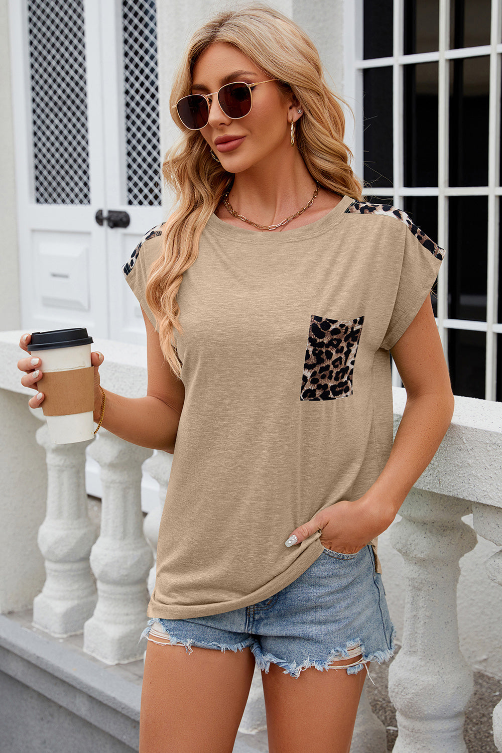 Leopard Round Neck Cap Sleeve T-Shirt Trendsi