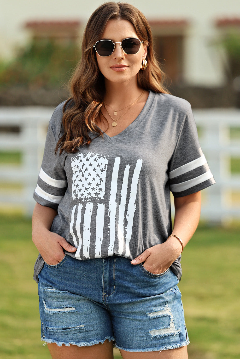 Plus Size US Flag Graphic V-Neck Tee Trendsi