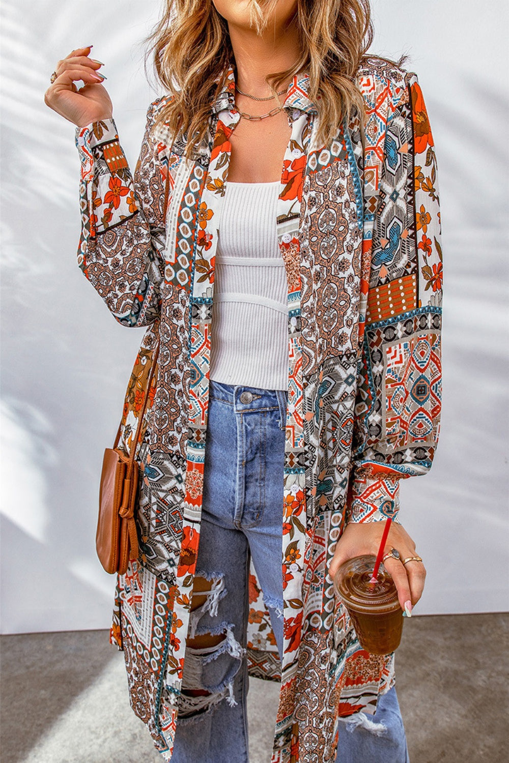 Printed Button Up Long Sleeve Cardigan Trendsi