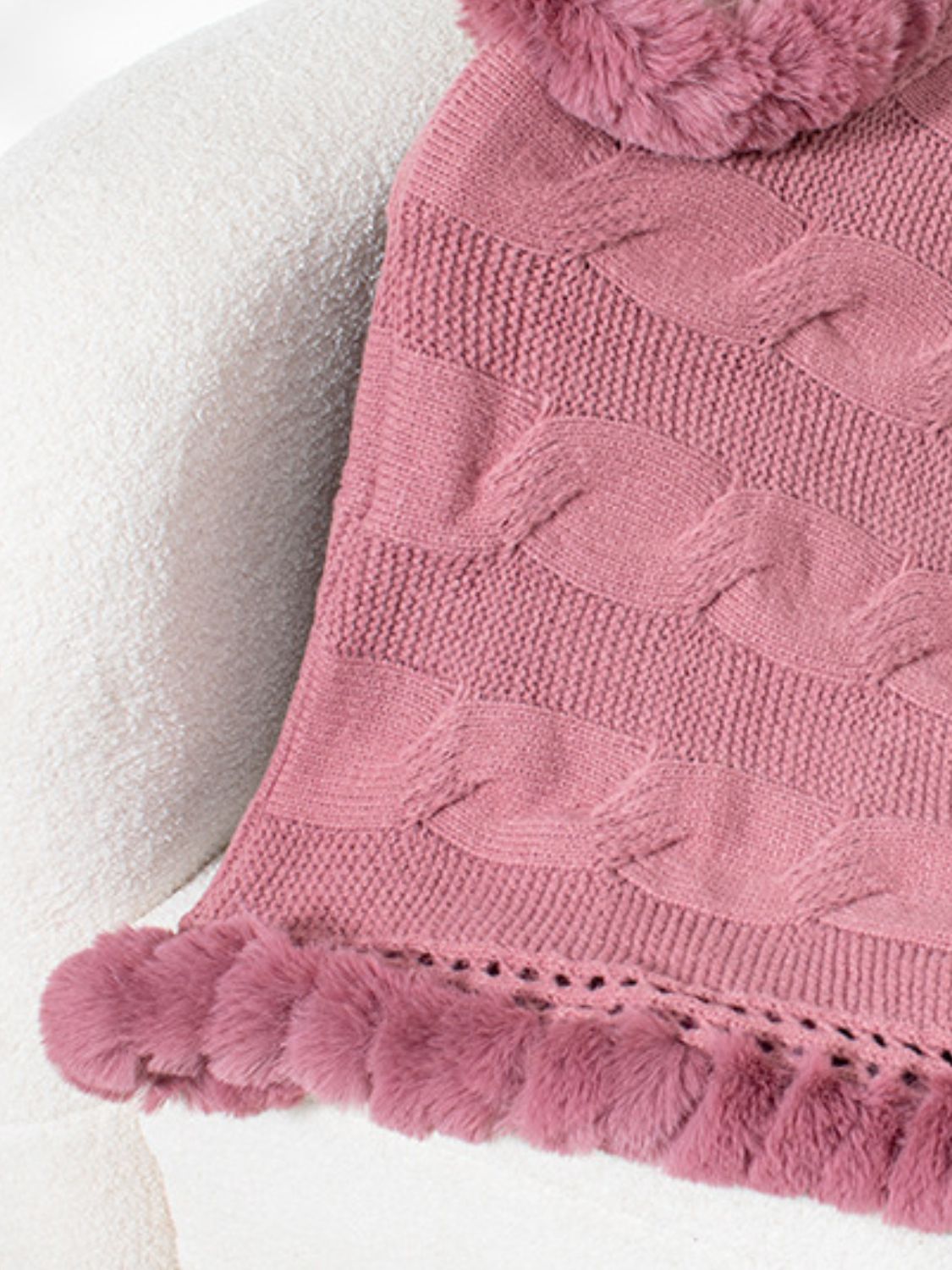 Fuzzy Hem Cable-Knit Poncho Trendsi