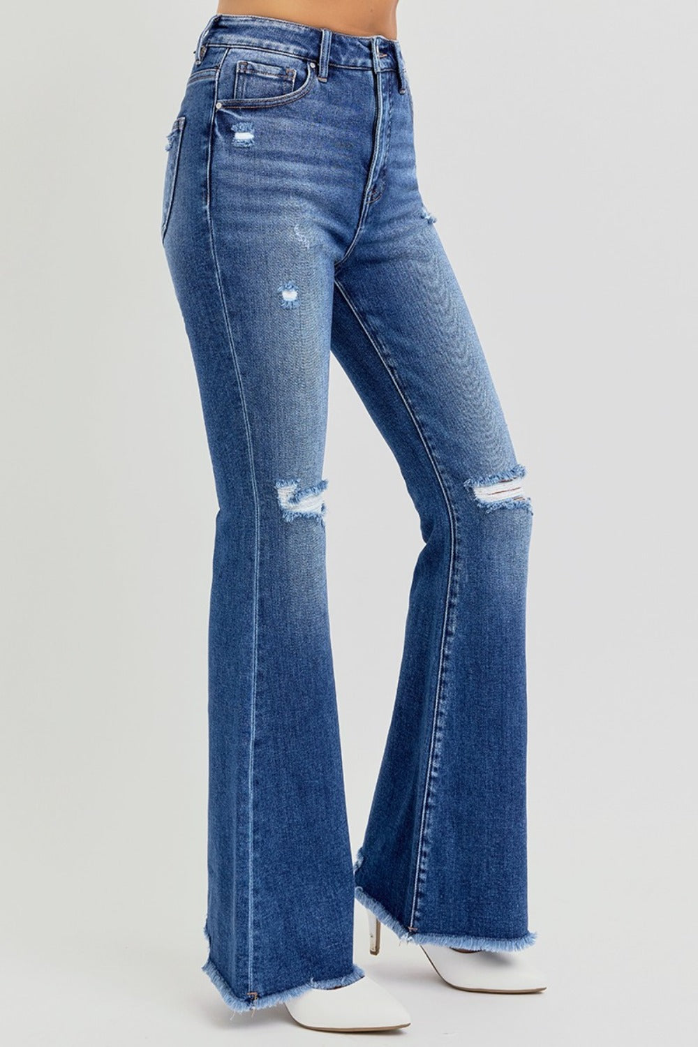 RISEN Full Size High Rise Distressed Raw Hem Flare Jeans Trendsi