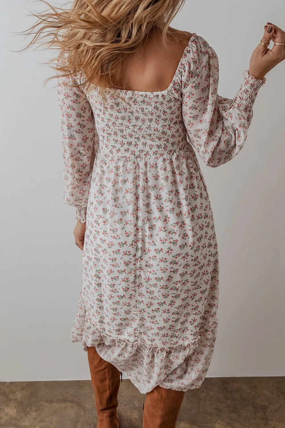 Smocked Floral Square Neck Long Sleeve Midi Dress Trendsi