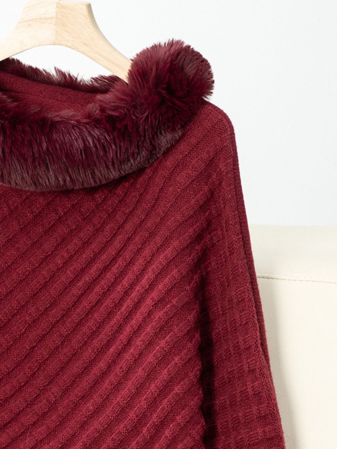 Fuzzy Trim Texture Three-Quarter Sleeve Poncho Trendsi