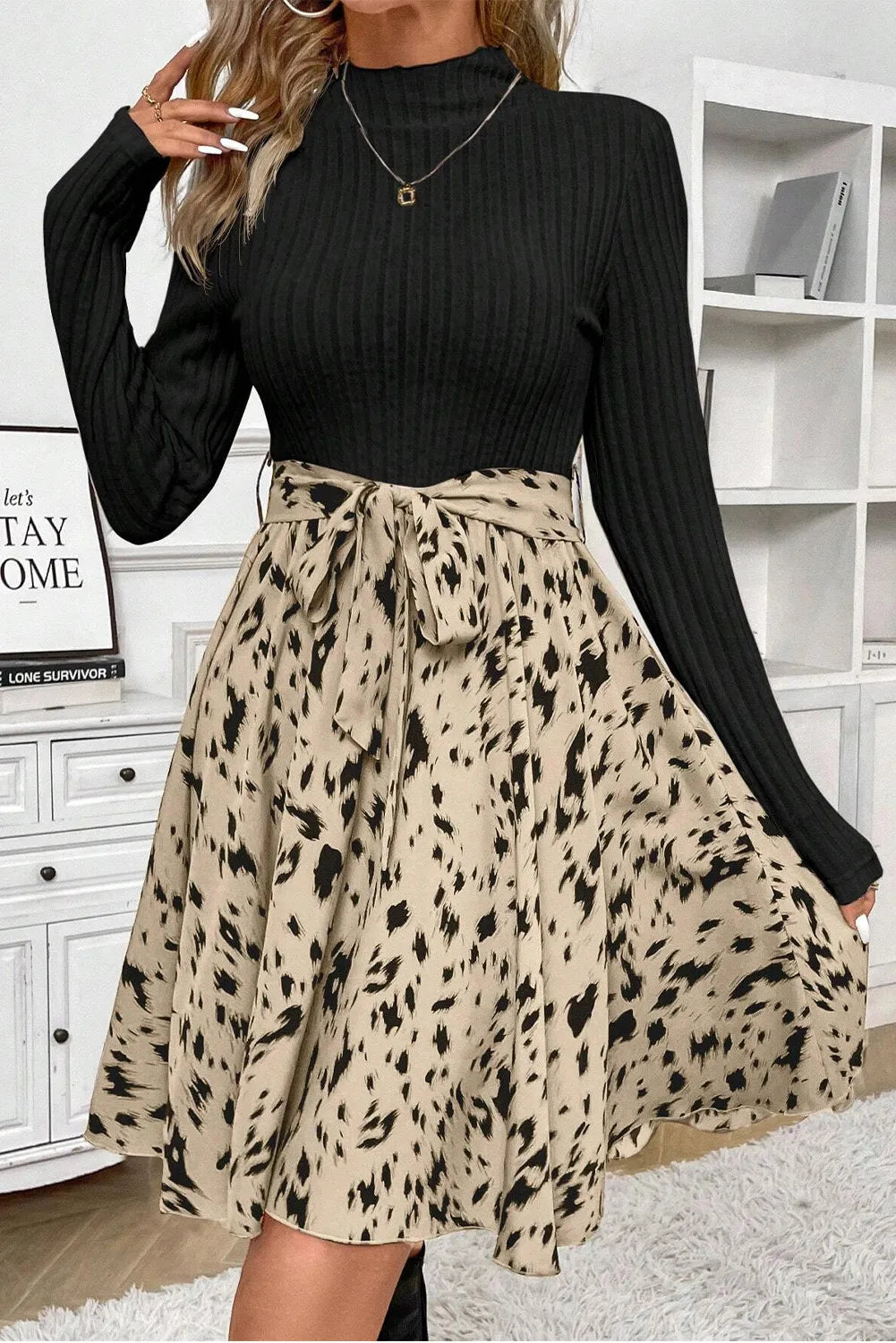 Tied Printed Mock Neck Long Sleeve Dress Trendsi