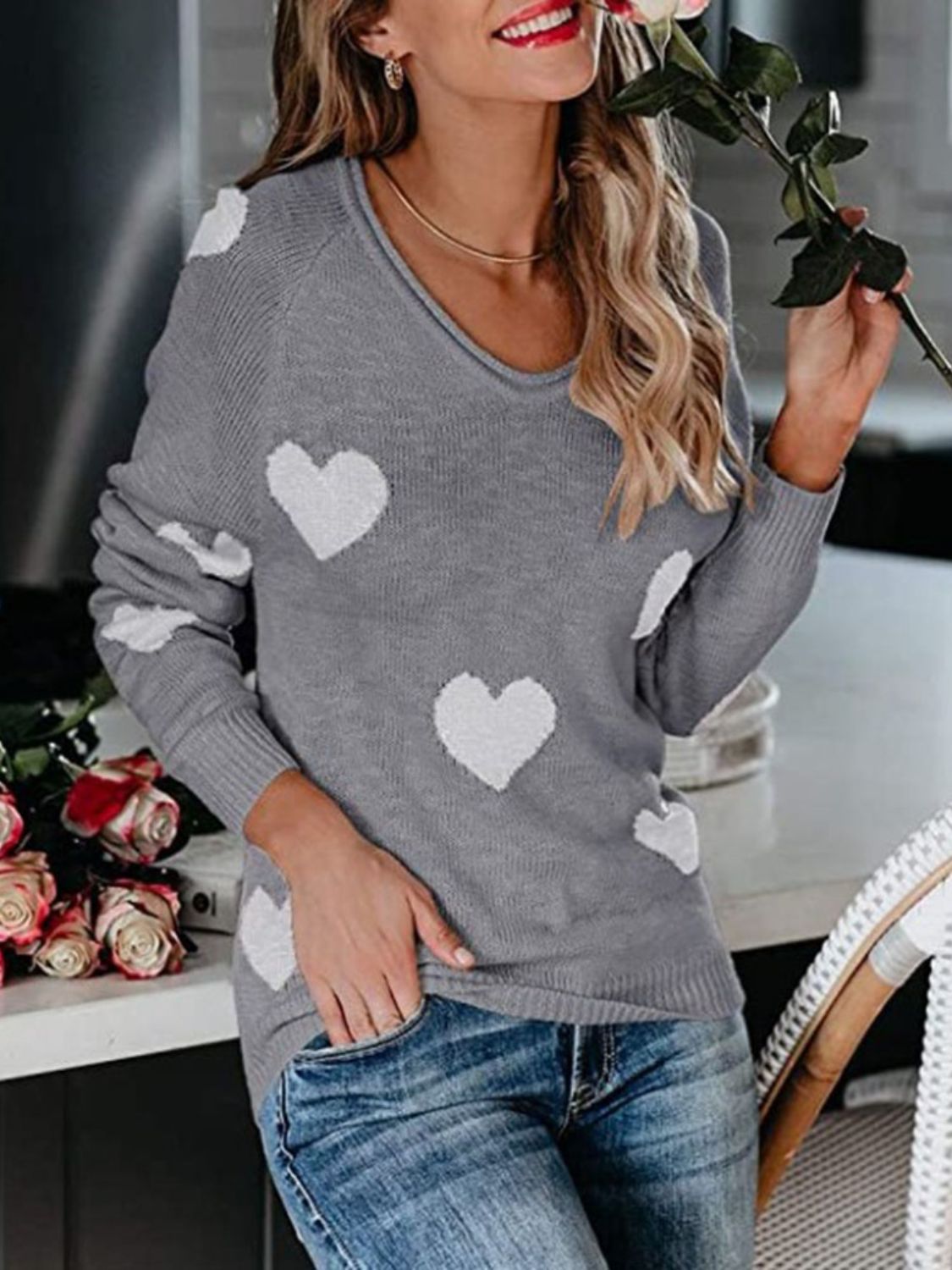 Heart Scoop Neck Long Sleeve Sweater Trendsi