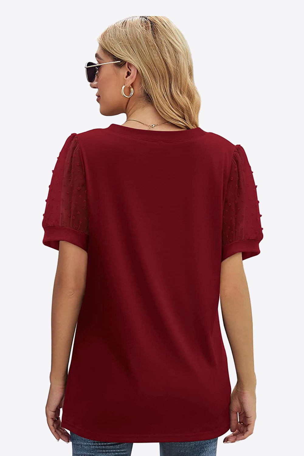 Swiss Dot Puff Sleeve V-Neck Tee Trendsi