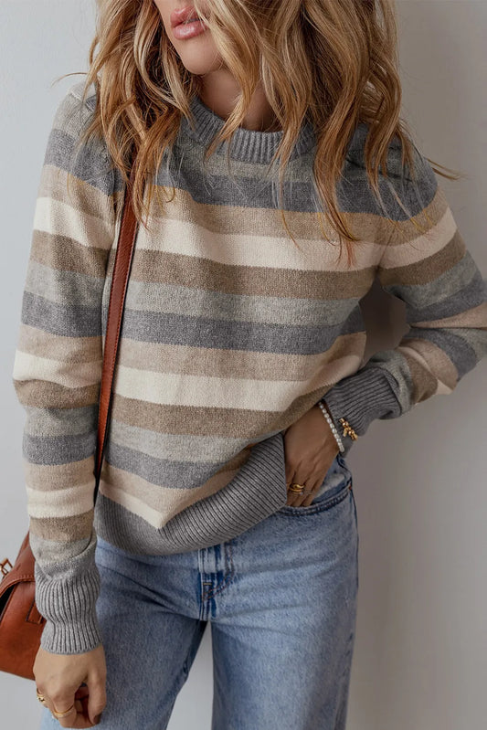 Striped Round Neck Long Sleeve Sweater Trendsi