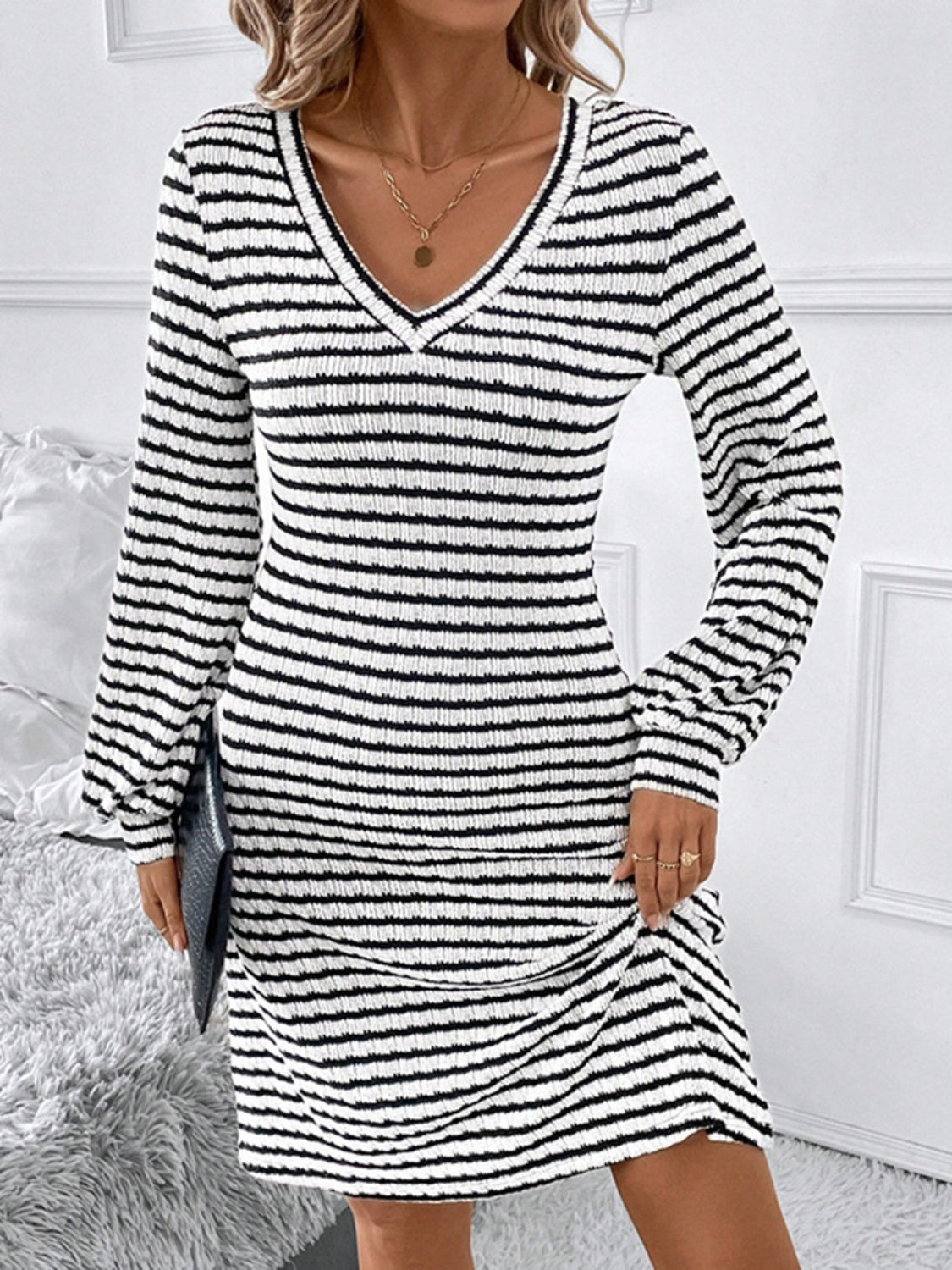 Striped V-Neck Long Sleeve Dress Trendsi