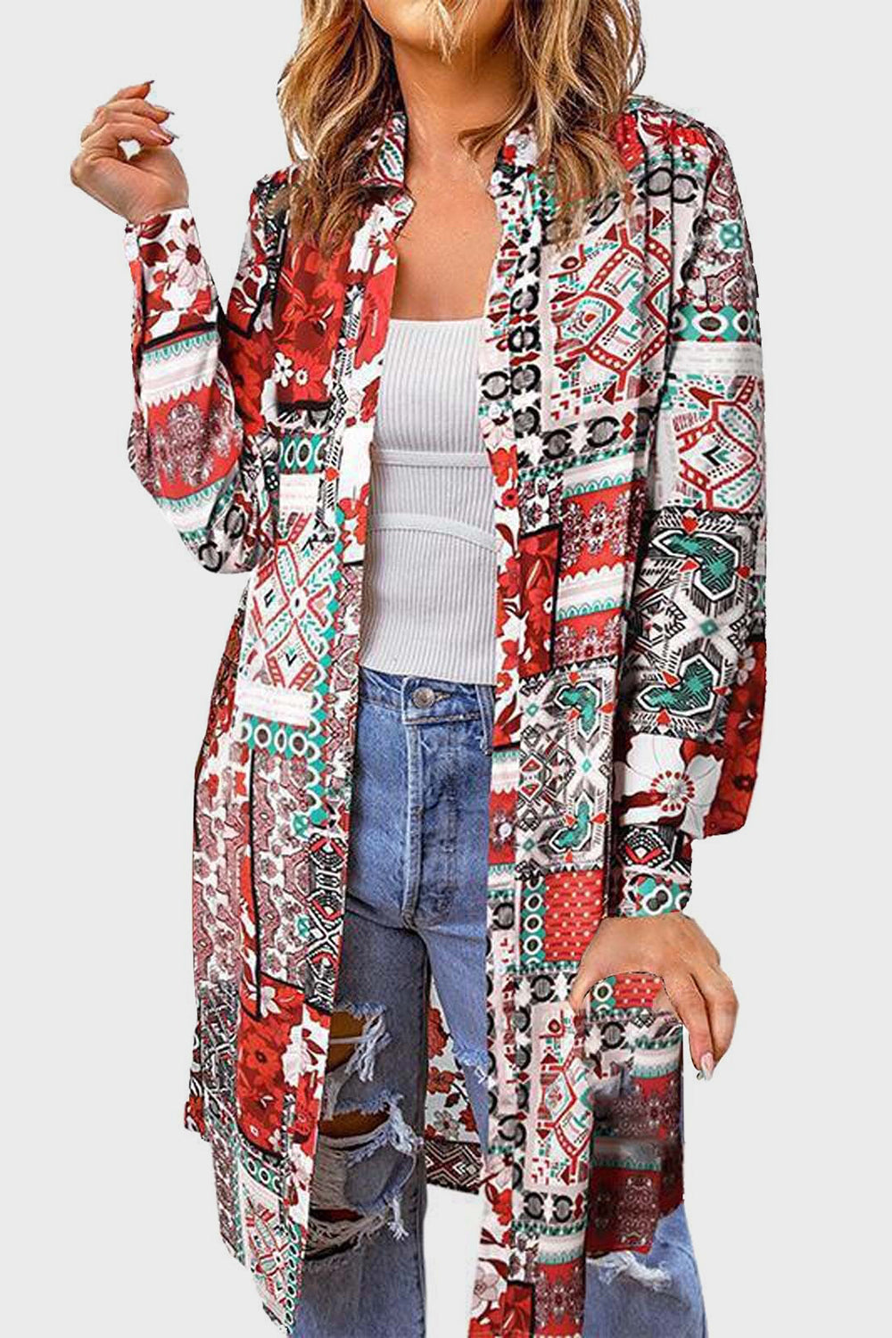 Printed Button Up Long Sleeve Cardigan Trendsi