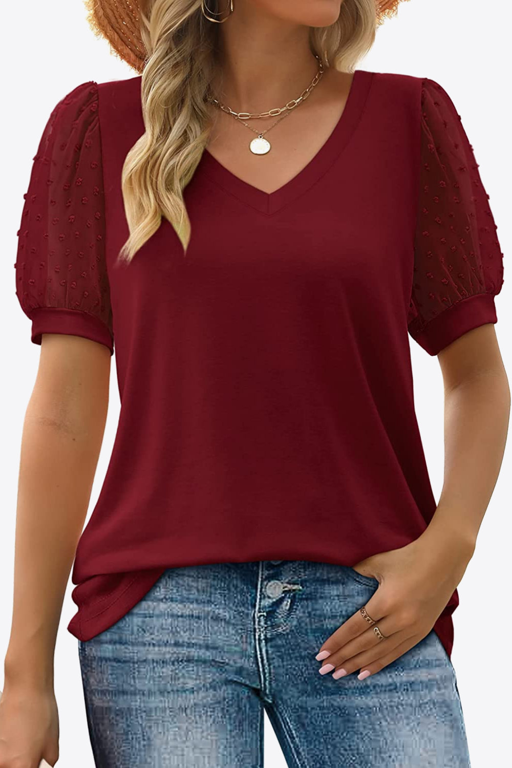 Swiss Dot Puff Sleeve V-Neck Tee Trendsi