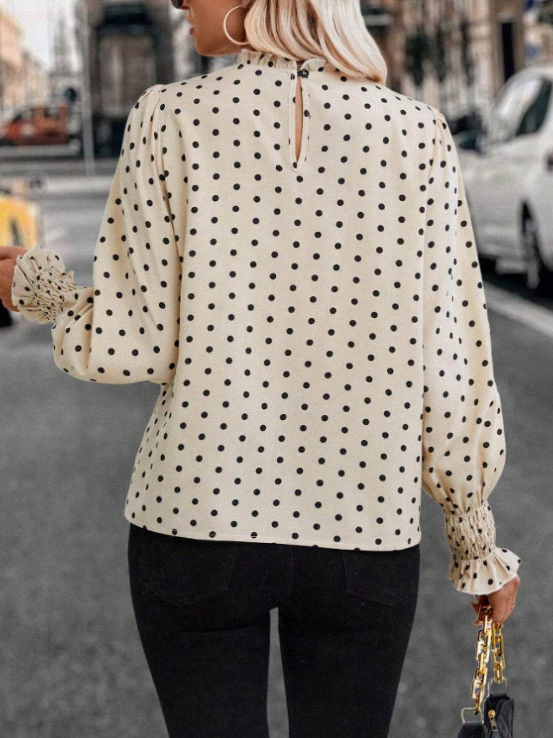 Polka Dot Mock Neck Long Sleeve Blouse Trendsi