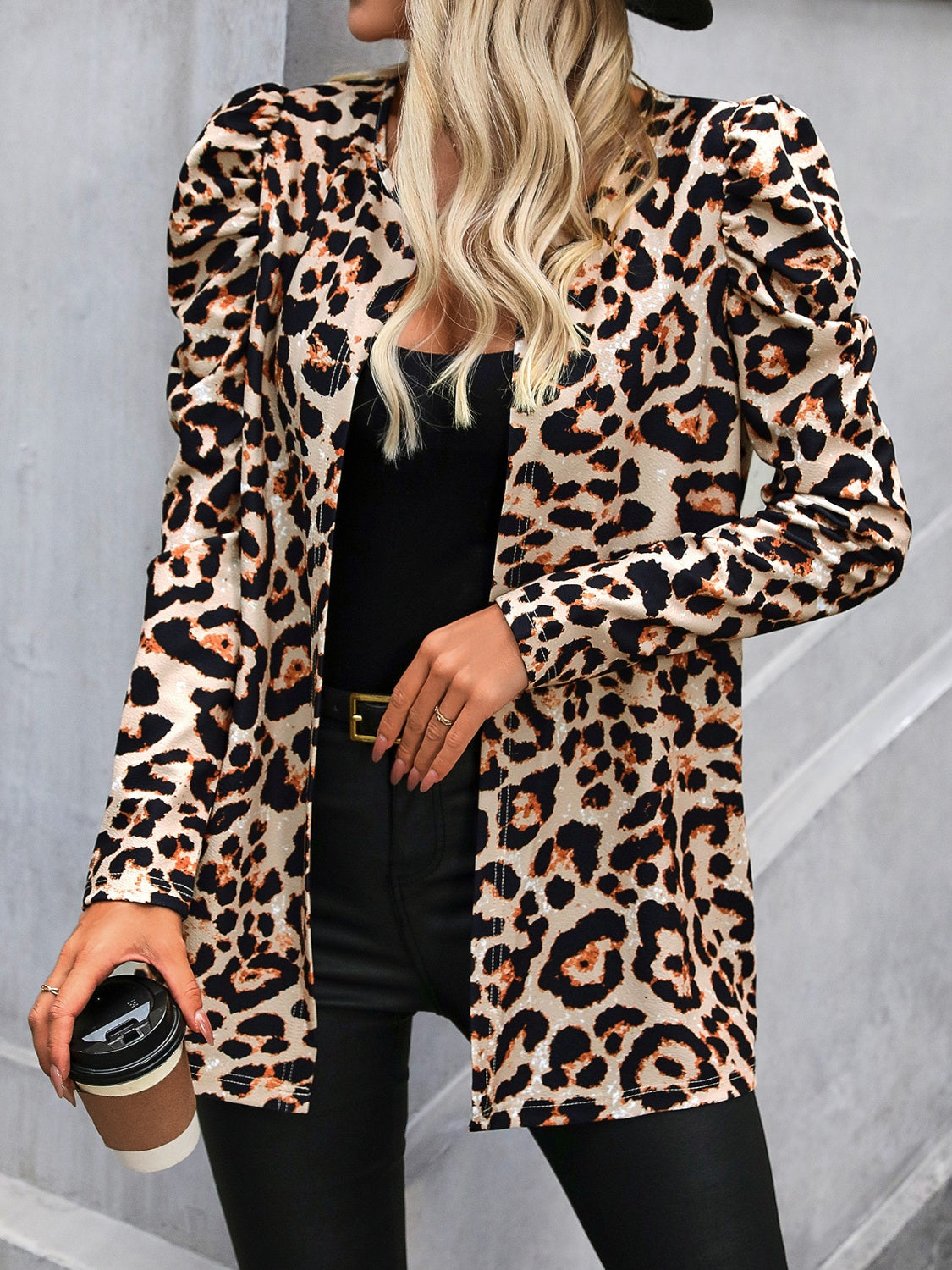 Leopard Open Front Puff Sleeve Jacket Trendsi