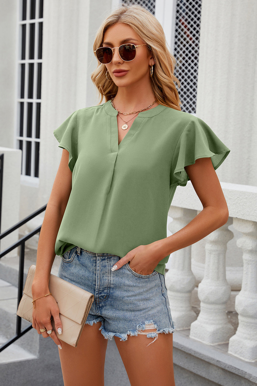 Notched Cap Sleeve T-Shirt Trendsi