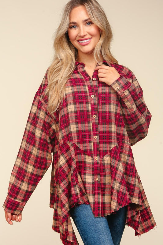 Haptics Plaid Button Down Sharkbite Shirt Trendsi