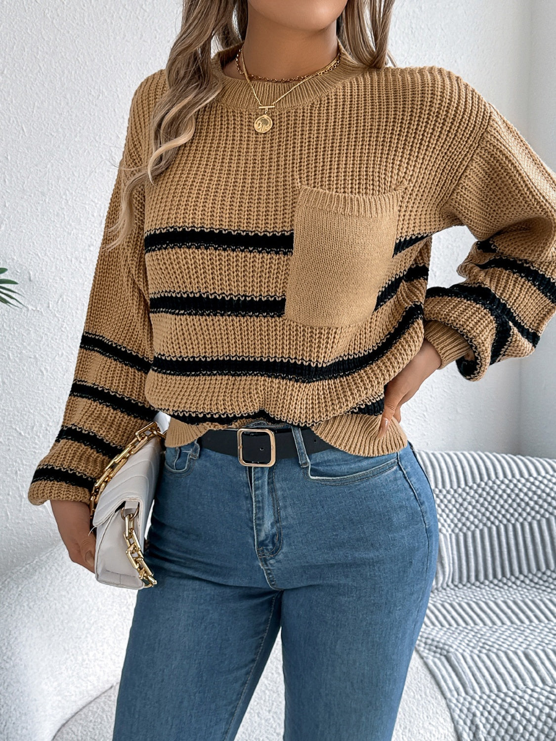 Striped Round Neck Long Sleeve Sweater Trendsi