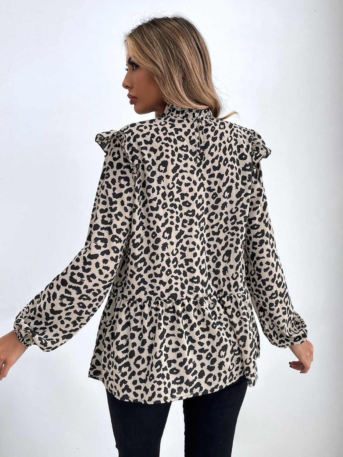 Ruffled Leopard Mock Neck Long Sleeve Blouse Trendsi