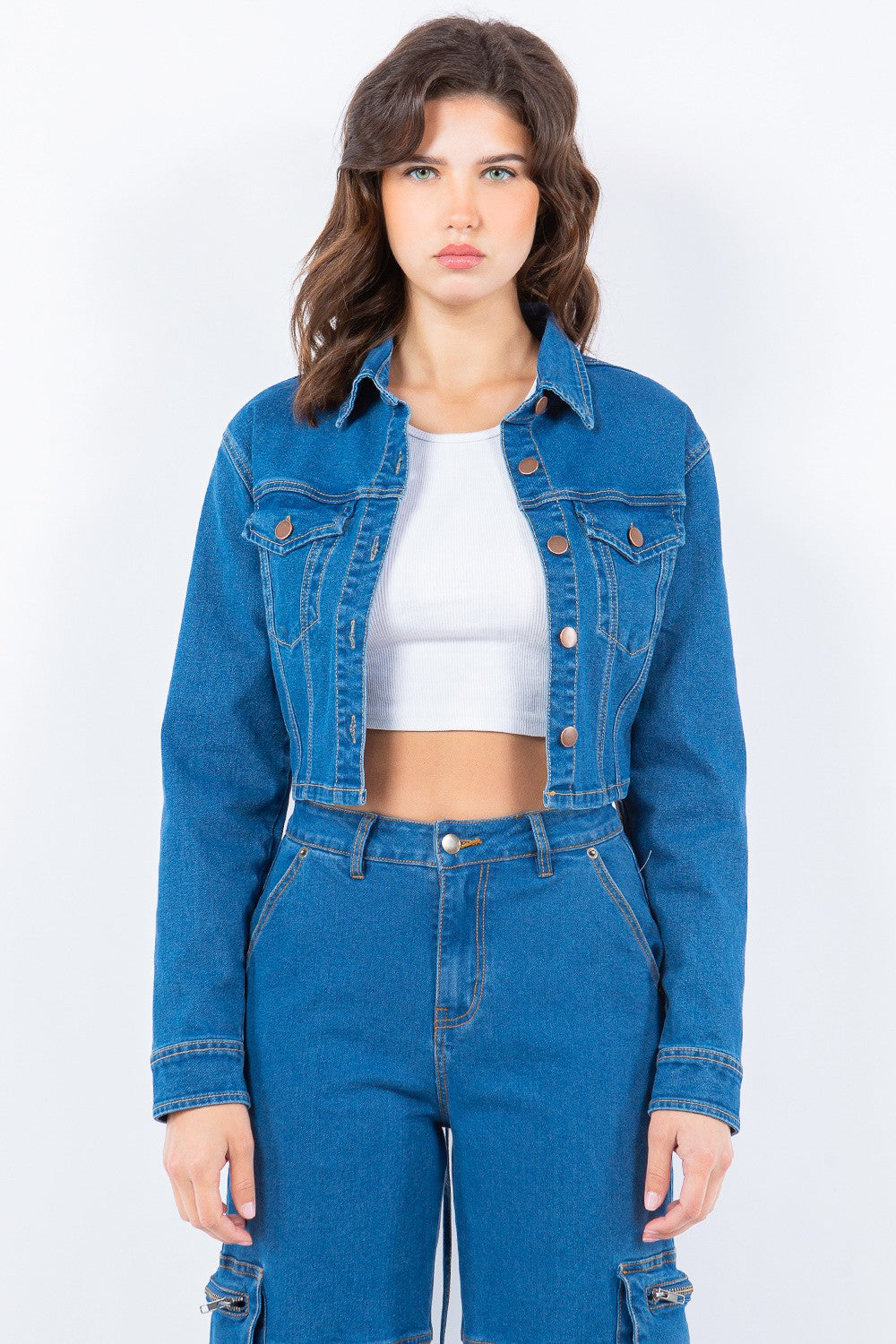 American Bazi Laced Back Cropped Denim Jacket Trendsi