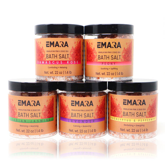 5 Bath Salt Spa Gift Set - Luxury Himalayan Pink and Dead Sea Salt Bath Soak Enriched with Rosehip Oil Vitamin E Oil 7 LB Bulk Bath Salt Emara