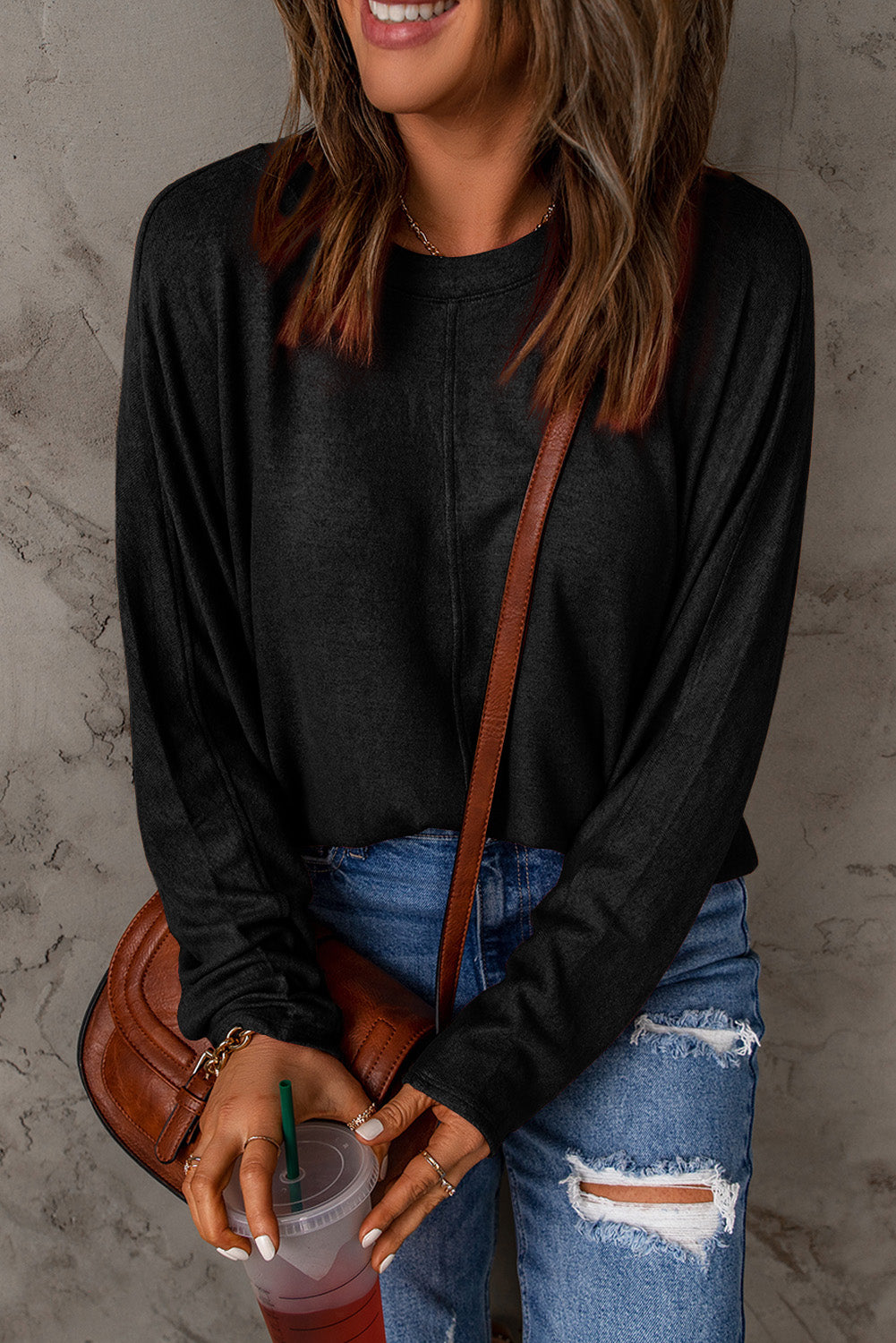 Seam Detail Round Neck Long Sleeve Top Trendsi