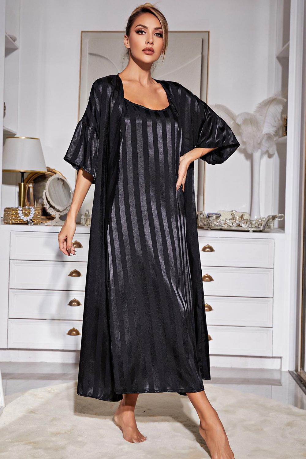 Striped Flounce Sleeve Open Front Robe and Cami Dress Set Trendsi