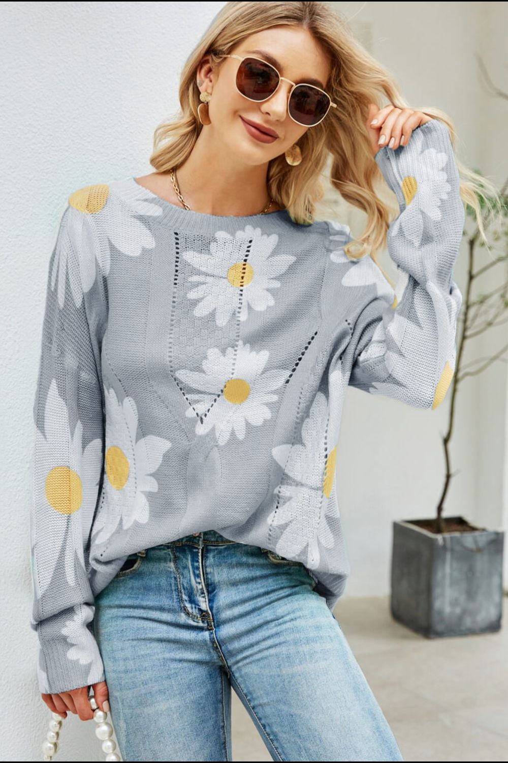 Daisy Print Openwork Round Neck Sweater Trendsi