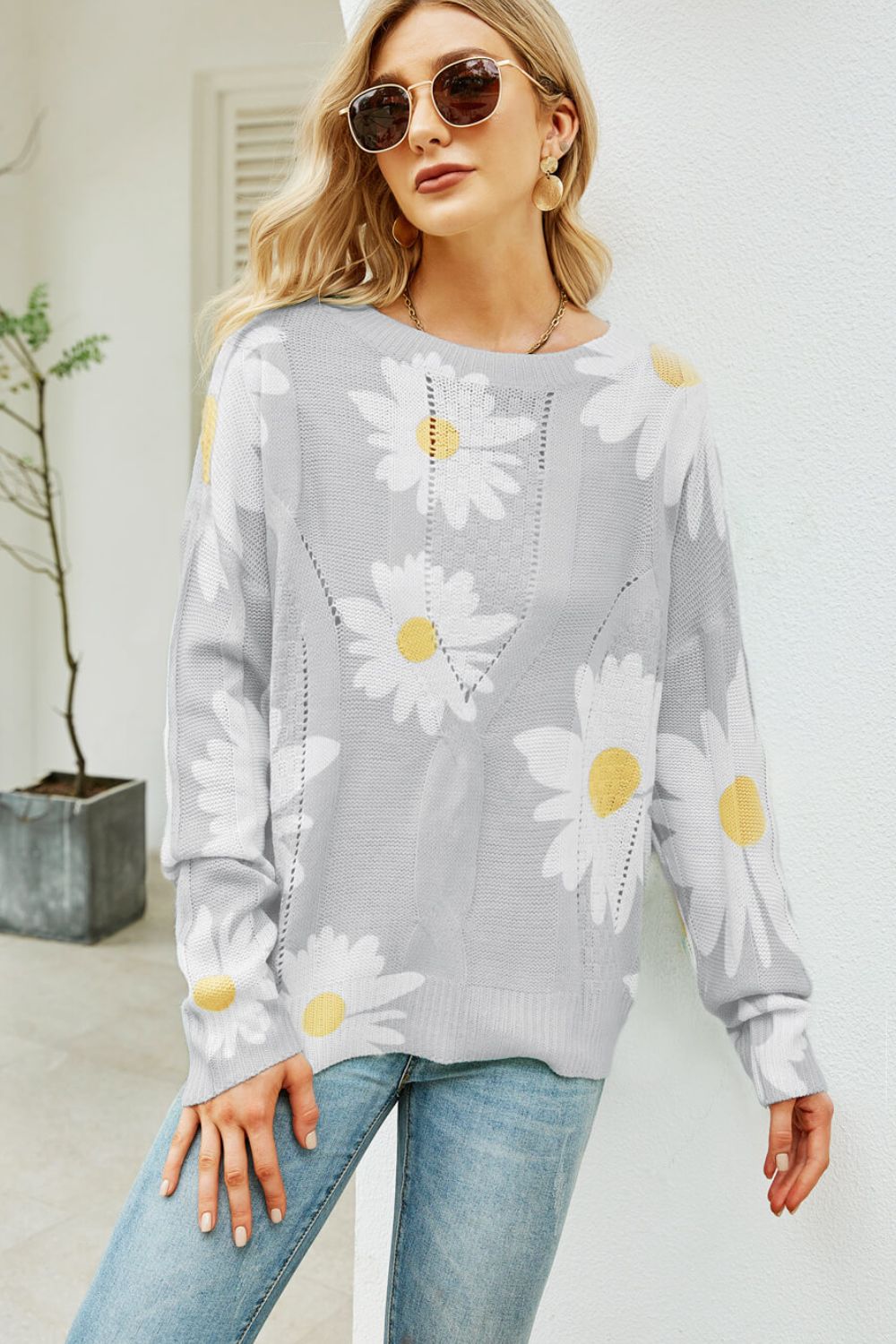 Daisy Print Openwork Round Neck Sweater Trendsi