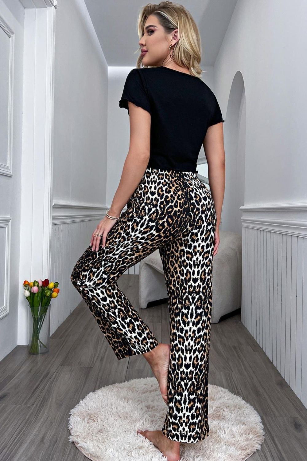 Lettuce Trim Cropped T-Shirt and Leopard Pants Lounge Set Trendsi