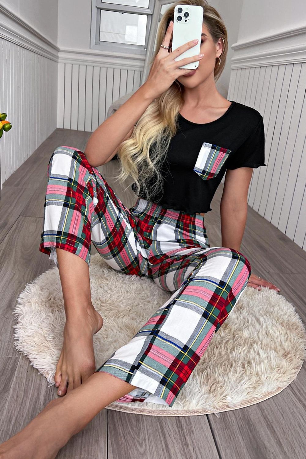 Lettuce Trim Cropped T-Shirt and Plaid Pants Lounge Set Trendsi