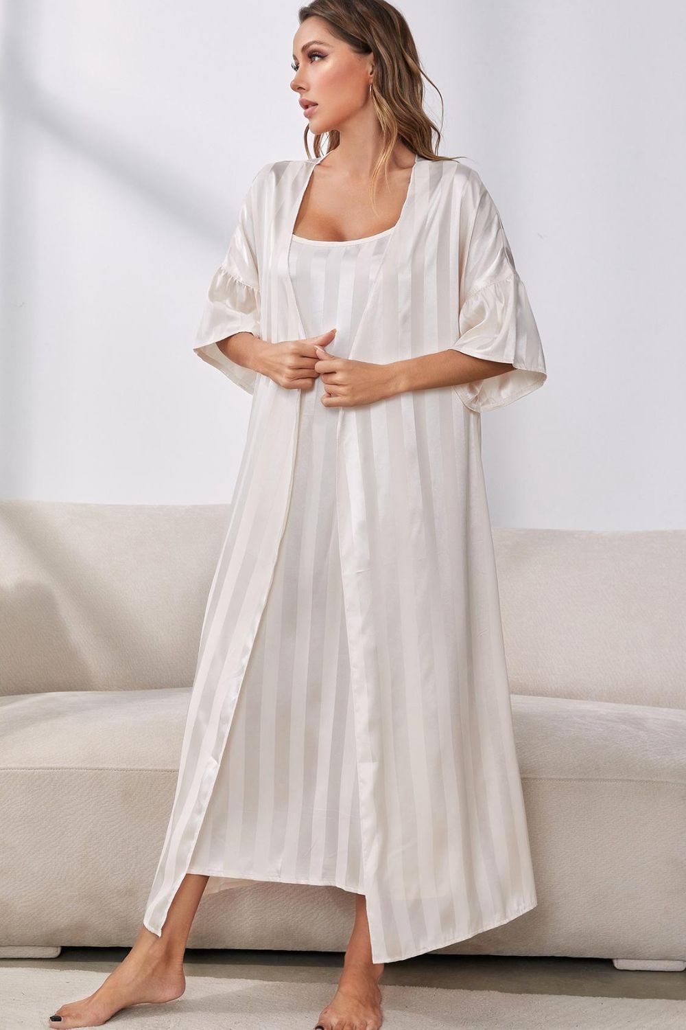 Striped Flounce Sleeve Open Front Robe and Cami Dress Set Trendsi