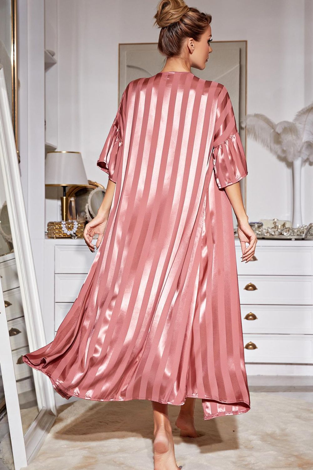 Striped Flounce Sleeve Open Front Robe and Cami Dress Set Trendsi