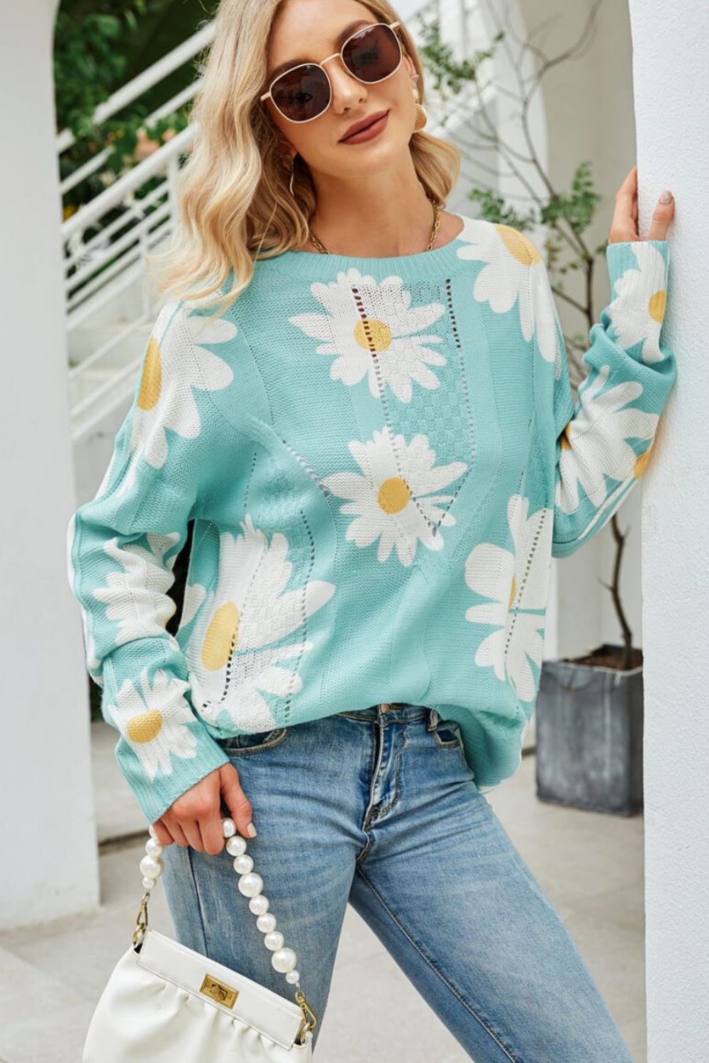 Daisy Print Openwork Round Neck Sweater Trendsi