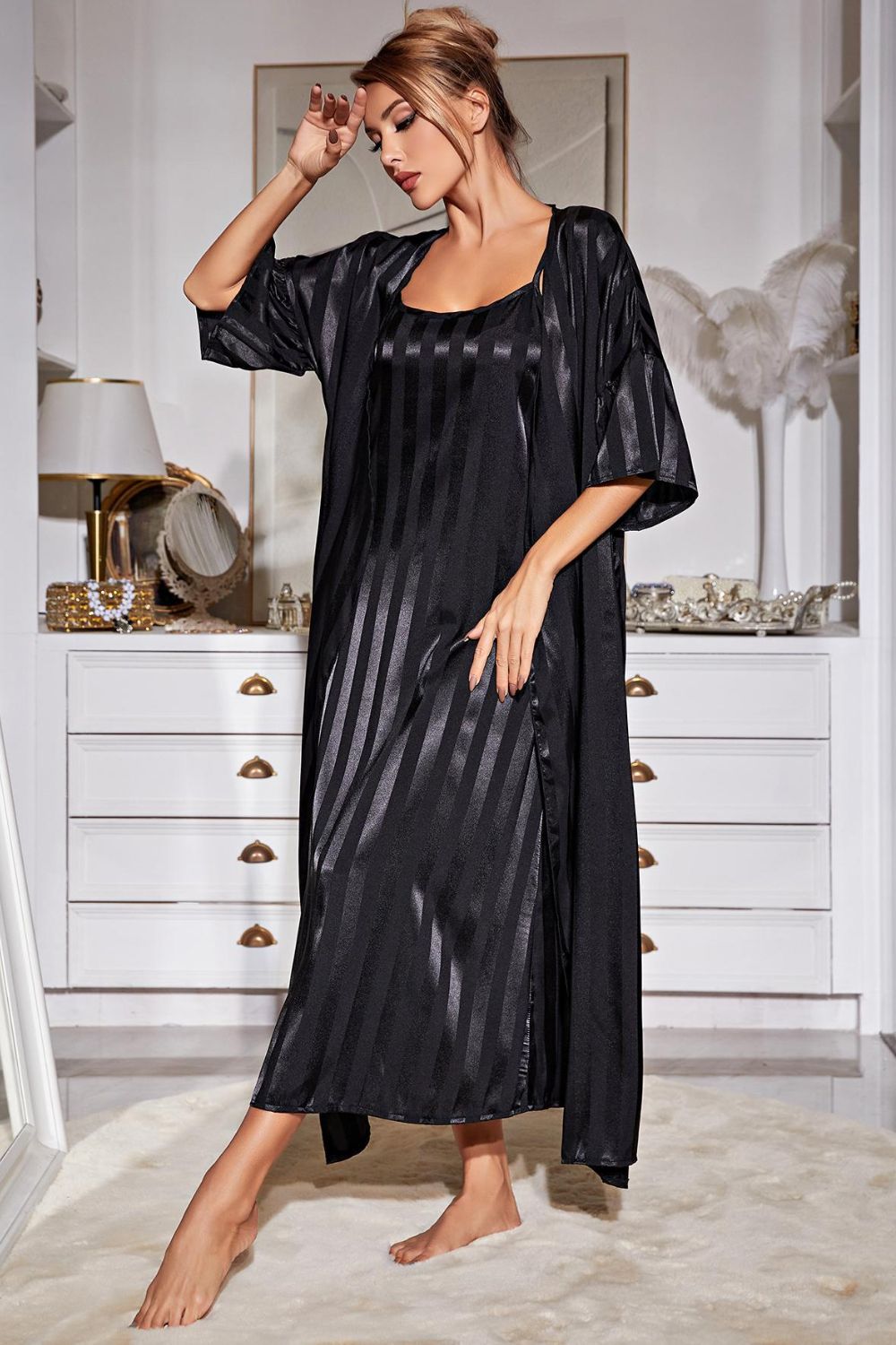 Striped Flounce Sleeve Open Front Robe and Cami Dress Set Trendsi