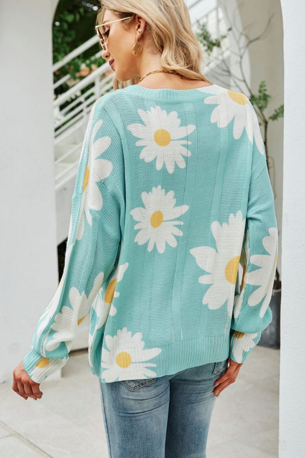 Daisy Print Openwork Round Neck Sweater Trendsi