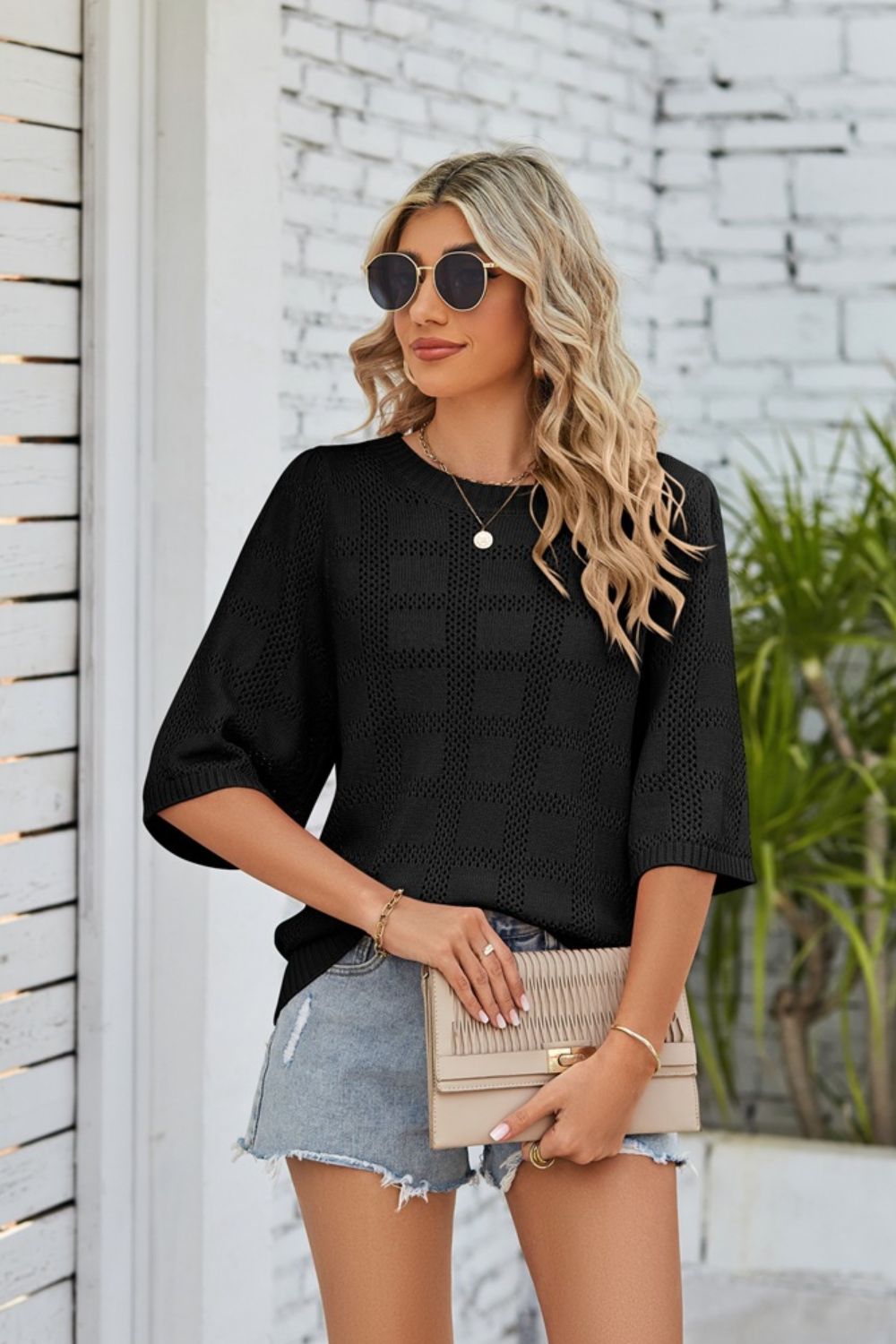 Ribbed Trim Round Neck Knit Top Trendsi