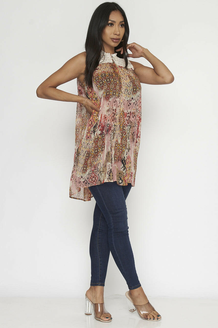 Multi-Color Sleeveless Tunic with Detail.