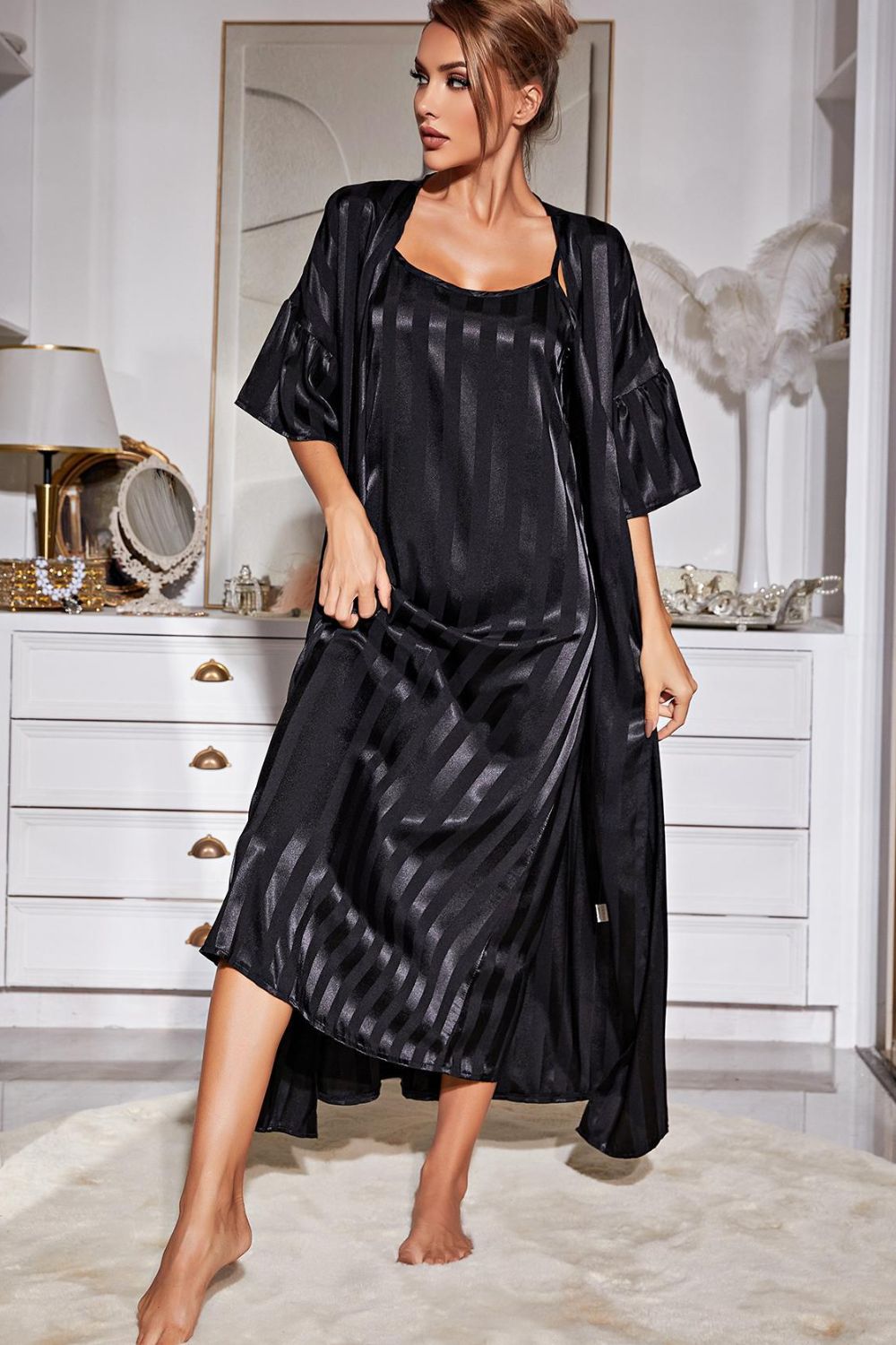 Striped Flounce Sleeve Open Front Robe and Cami Dress Set Trendsi