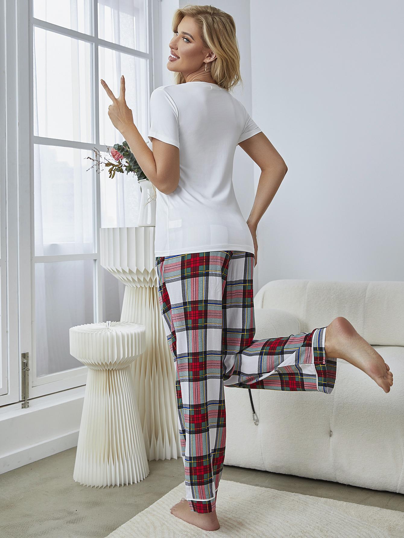 V-Neck Tee and Plaid Pants Lounge Set Trendsi